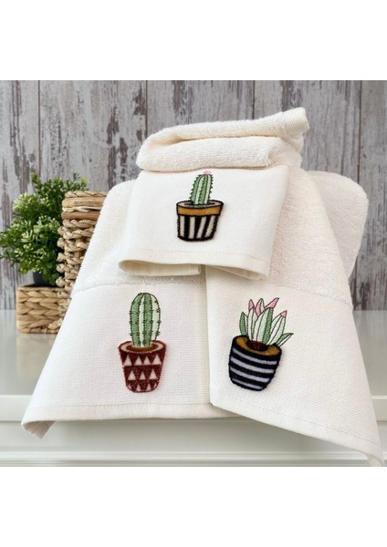 Kaktüs Nakışlı Mutfak Havlusu %70 Bambu / %30 Pamuk - Krem 3'lü Set 30X50
