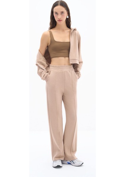 Lubna Pantolon - Nervür Dikiş Detaylı Üç Iplik Pamuklu Kumaş Wide Leg Taş Rengi Pantolon fiyatları