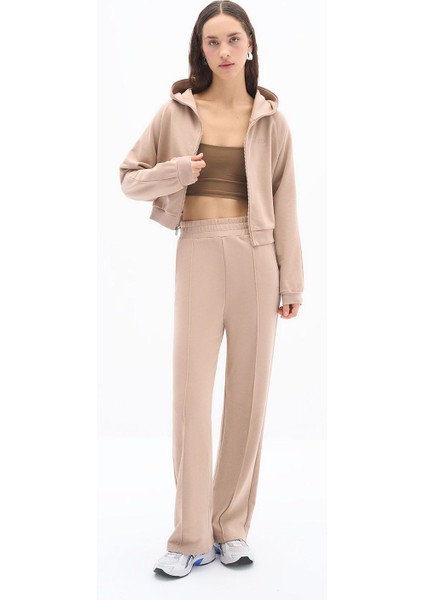 Lubna Pantolon - Nervür Dikiş Detaylı Üç Iplik Pamuklu Kumaş Wide Leg Taş Rengi Pantolon