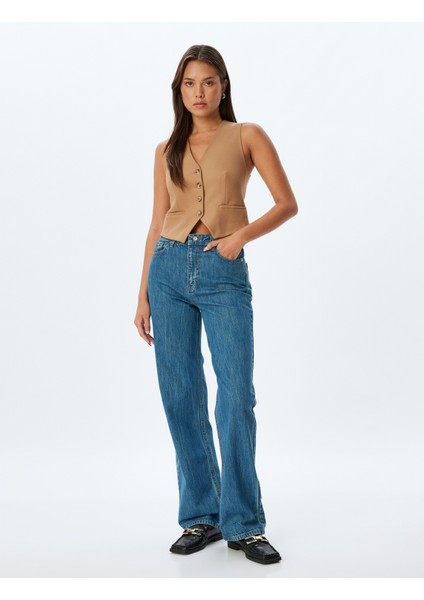 Düz Uzun Paça Kot Pantolon Standart Bel Düğmeli Pamuklu - Longer Straight Fit Jean
