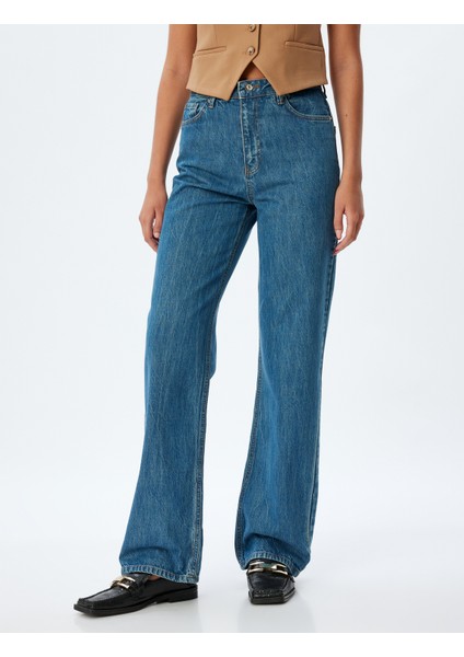 Düz Uzun Paça Kot Pantolon Standart Bel Düğmeli Pamuklu - Longer Straight Fit Jean