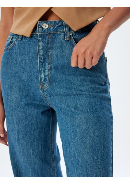 Düz Uzun Paça Kot Pantolon Standart Bel Düğmeli Pamuklu - Longer Straight Fit Jean