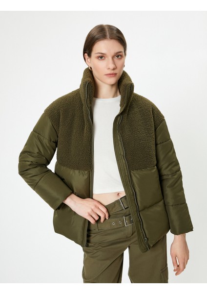 Şişme Mont Peluş Detaylı Dik Yaka Fermuarlı Cepli