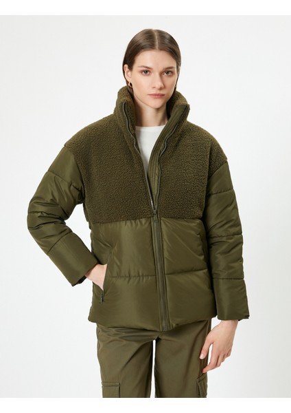 Şişme Mont Peluş Detaylı Dik Yaka Fermuarlı Cepli modelleri