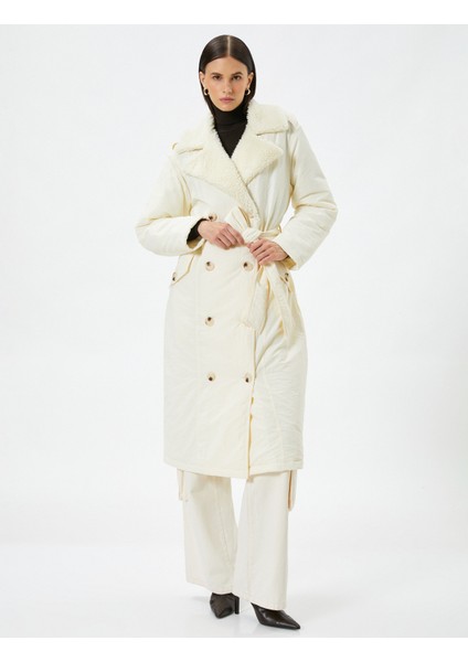 Midi Kruvaze Kaban Peluş Yaka Düğmeli Kuşaklı Cepli fiyatları