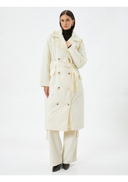 Midi Kruvaze Kaban Peluş Yaka Düğmeli Kuşaklı Cepli fırsatları