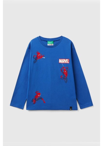 Erkek Çocuk Logolu Spiderman Baskılı Uzun Kollu T-Shirt - Saks Mavi