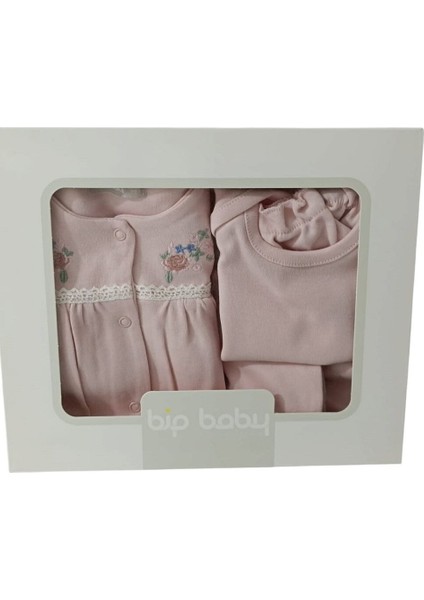 78608BP Kız Bebek Çiçek Nakışlı 5'li Pudra Zıbın Seti (0-3 Ay)
