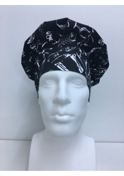 Siyah Mutfak Desenli Aşçı Şapkası, Şık ve Rahat Tasarım, Polyester Malzeme