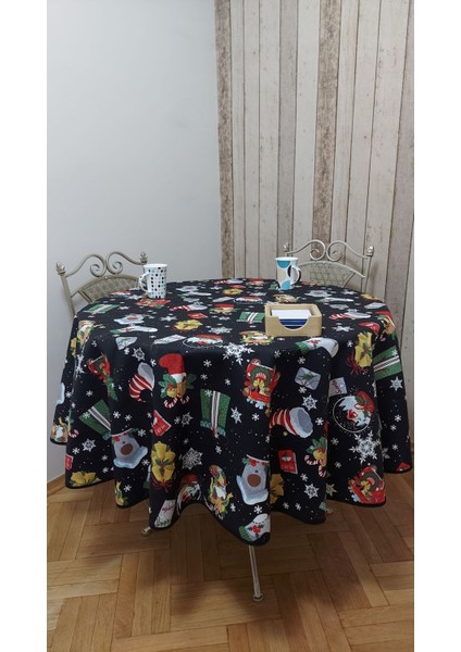 Yuvarlak,yılbaşı Desenli,duck (Sıvı Itici ,leke Tutmaz) Kumaş,masa Örtüsü