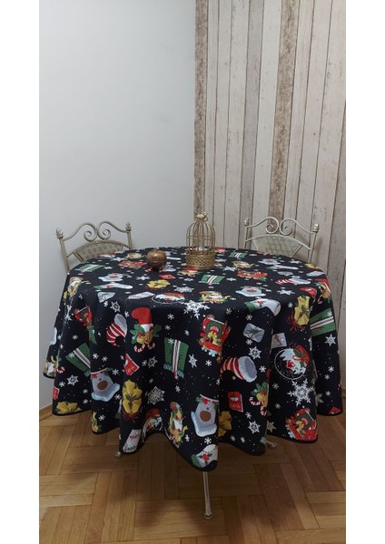 Yuvarlak,yılbaşı Desenli,duck (Sıvı Itici ,leke Tutmaz) Kumaş,masa Örtüsü