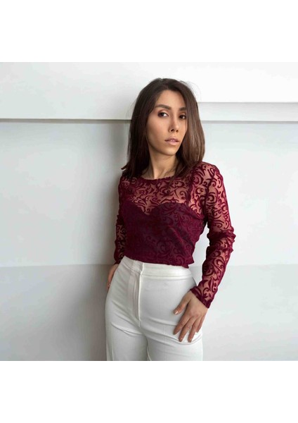 Bordo Transparan Tül Kadife Blok Baskılı Bluz modelleri
