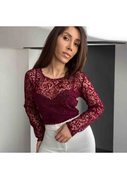 Bordo Transparan Tül Kadife Blok Baskılı Bluz
