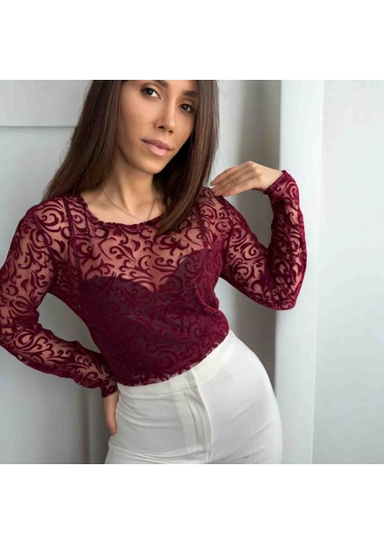Bordo Transparan Tül Kadife Blok Baskılı Bluz