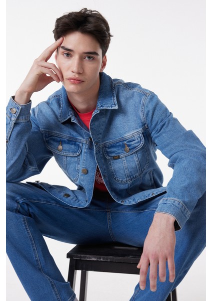 Slim Fit Dar Kesim %100 Pamuk Mavi Denim Kot Ceket