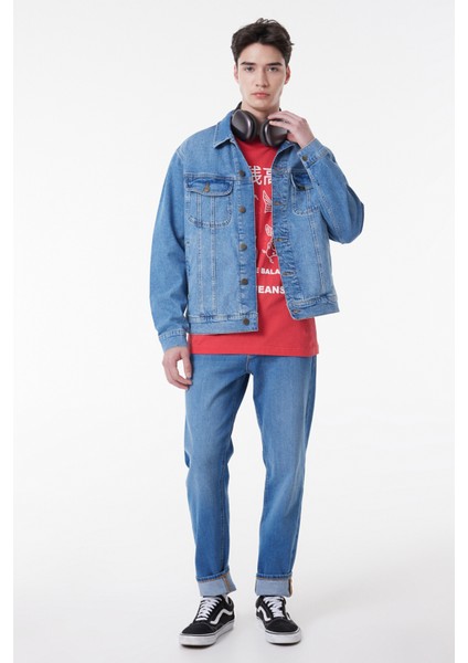 Slim Fit Dar Kesim %100 Pamuk Mavi Denim Kot Ceket