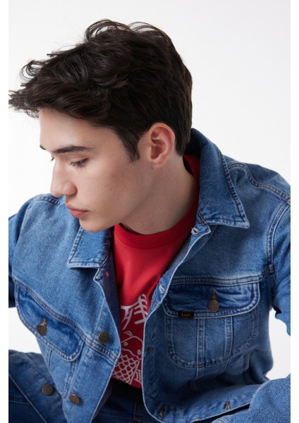 Slim Fit Dar Kesim %100 Pamuk Mavi Denim Kot Ceket