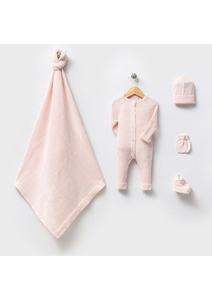 8158N Kız Bebek Triko Fitil Örgülü Beşli Kutulu Naturel Pembe Hastane Çıkış Seti (0-3 Ay)