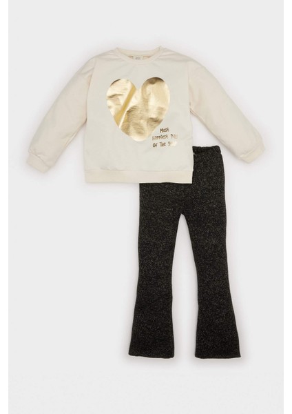 Kız Bebek 2'li Takım Bisiklet Yaka Parlak Kalp Baskılı Sweatshirt İspanyol Paça Tayt D6256A524WN