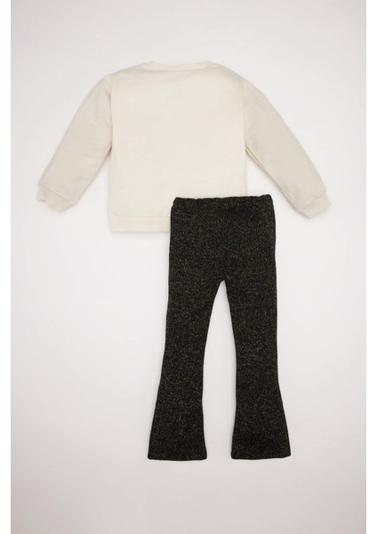 Kız Bebek 2'li Takım Bisiklet Yaka Parlak Kalp Baskılı Sweatshirt İspanyol Paça Tayt D6256A524WN