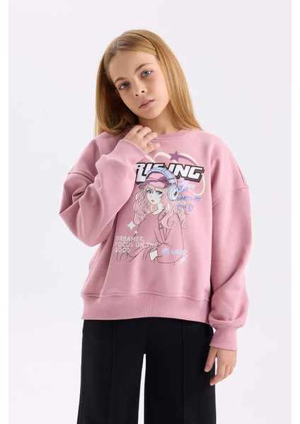 Kız Çocuk Oversize Geniş Kalıp Bisiklet Yaka Baskılı Sweatshirt D6989A824WN