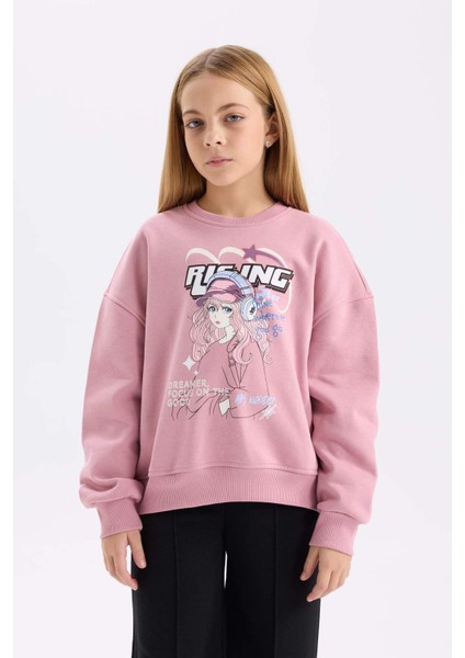 Kız Çocuk Oversize Geniş Kalıp Bisiklet Yaka Baskılı Sweatshirt D6989A824WN