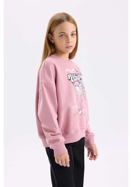 Kız Çocuk Oversize Geniş Kalıp Bisiklet Yaka Baskılı Sweatshirt D6989A824WN