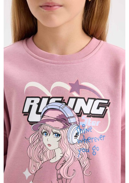 Kız Çocuk Oversize Geniş Kalıp Bisiklet Yaka Baskılı Sweatshirt D6989A824WN