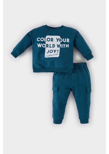 Erkek Bebek 2'li Takım Bisiklet Yaka Baskılı Sweatshirt Beli Lastikli Kargo Cepli Eşofman Altı D7663A524WN