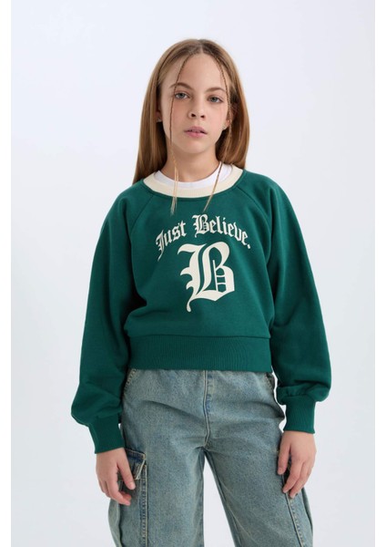 Kız Çocuk Relax Fit Bisiklet Yaka Baskılı İçi Yumuşak Tüylü Sweatshirt D7042A824WN