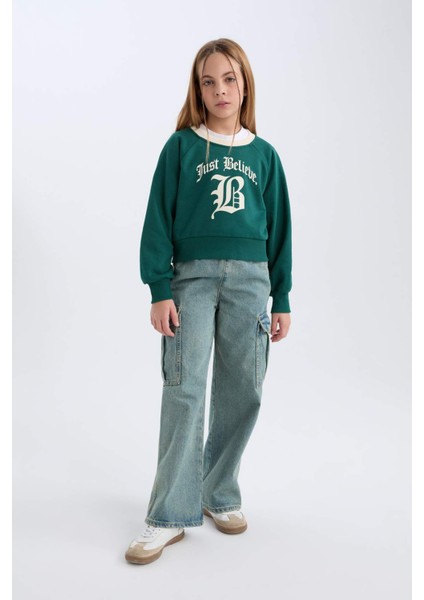 Kız Çocuk Relax Fit Bisiklet Yaka Baskılı İçi Yumuşak Tüylü Sweatshirt D7042A824WN