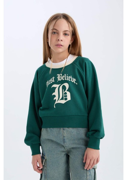 Kız Çocuk Relax Fit Bisiklet Yaka Baskılı İçi Yumuşak Tüylü Sweatshirt D7042A824WN