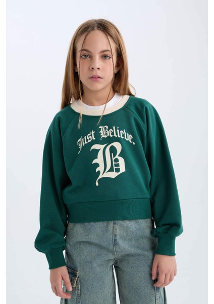 Kız Çocuk Relax Fit Bisiklet Yaka Baskılı İçi Yumuşak Tüylü Sweatshirt D7042A824WN