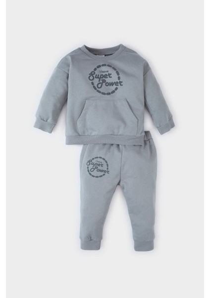 Erkek Bebek 2'li Takım Bisiklet Yaka Baskılı Sweatshirt Beli Lastikli Eşofman Altı D7649A524WN