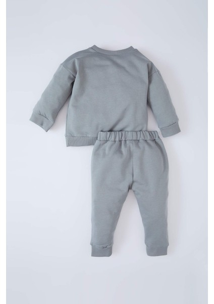 Erkek Bebek 2'li Takım Bisiklet Yaka Baskılı Sweatshirt Beli Lastikli Eşofman Altı D7649A524WN