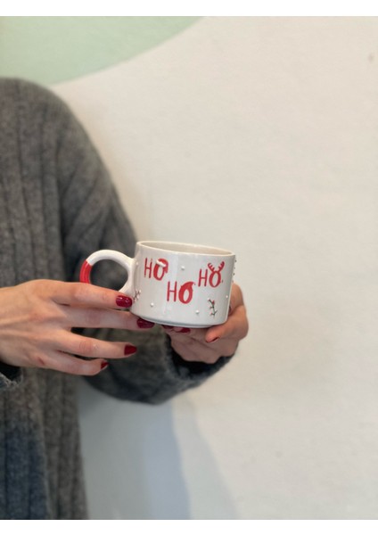 El Yapımı Ho Ho Ho Desenli Kırmızı Kupa Yeni Yıl Temalı Bardak Mug