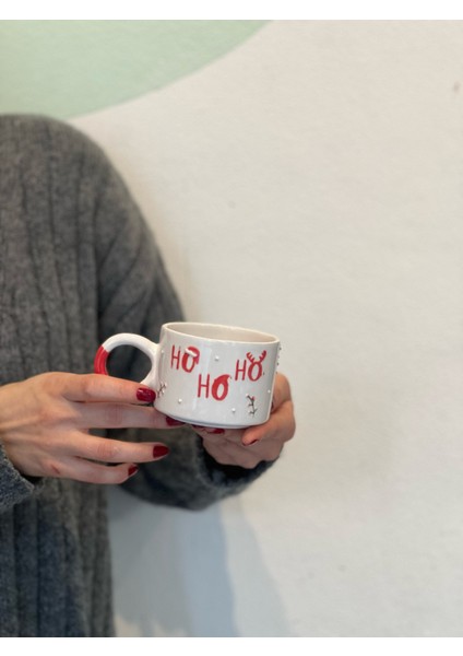 El Yapımı Ho Ho Ho Desenli Kırmızı Kupa Yeni Yıl Temalı Bardak Mug