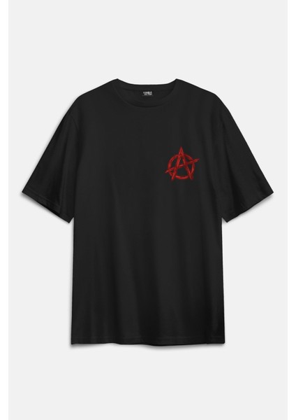 Vintage Logo Anarchy Symbol Anarşi Minimal Baskılı Siyah Oversize T-Shirt