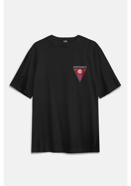 Retro Sputnik Logo Cccp Sovyet Space Uzay Bilim Minimal Baskılı Siyah Oversize T-Shirt fiyatları