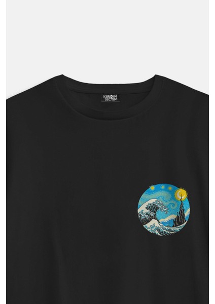 Starry Night Great Wave Hokusai Van Gogh Art Painting Sanat Minimal Baskılı Siyah Oversize T-Shirt modelleri