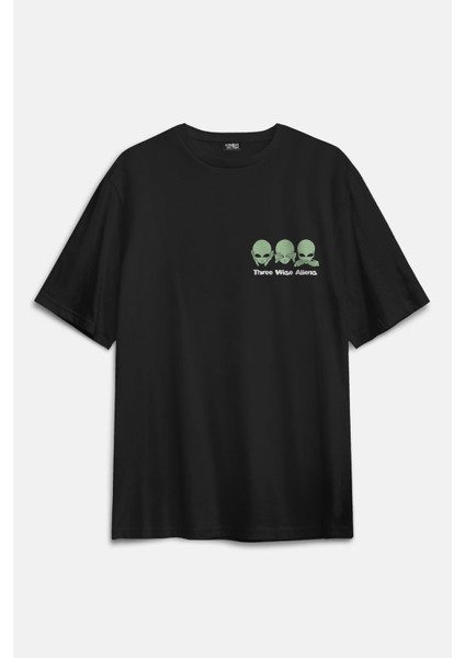 Three Wise Aliens Ufo Mars Uzay Kozmos Minimal Baskılı Siyah Oversize T-Shirt