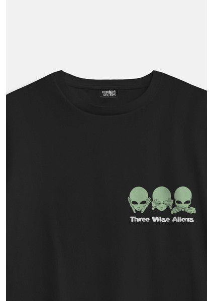 Three Wise Aliens Ufo Mars Uzay Kozmos Minimal Baskılı Siyah Oversize T-Shirt fiyatları