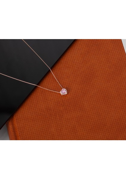 Gümüş Kalp Pembe Taşlı Rose Kolye
