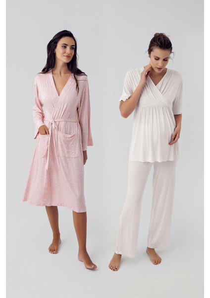 Kısa Kollu Kalp Desenli Esnek Likralı Viskoz Hamile Sabahlık Pijama Takım