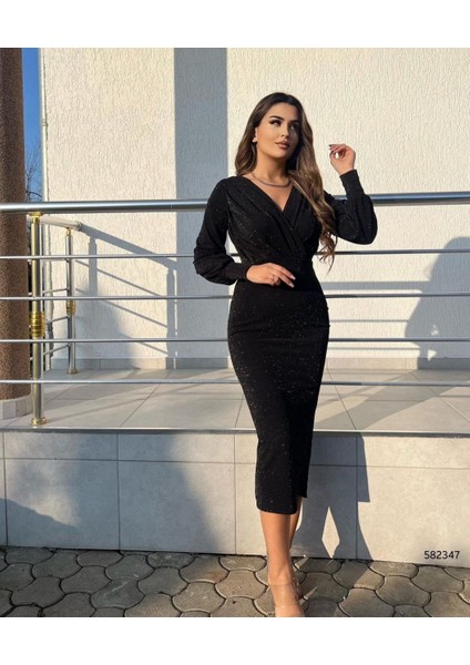 Uzun Kollu Kruvaze Yaka Büzgü ve Balon Kol Detay Simli Krep Kumaş Maxi Boy Elbise