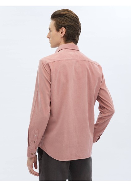 Pembe Fitilli Regular Fit Dokuma Kadife Casual Pamuk Gömlek