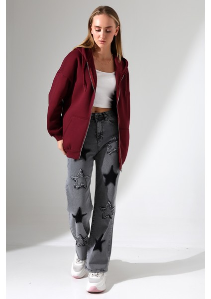 Şardonlu Fermuarlı Kapüşonlu Oversize Sweatshirt 21618 Bordo
