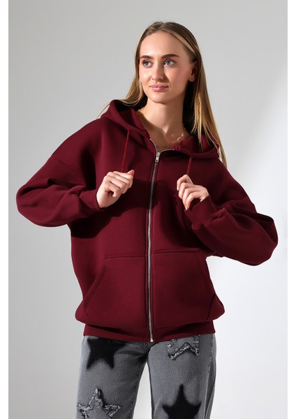 Şardonlu Fermuarlı Kapüşonlu Oversize Sweatshirt 21618 Bordo fiyatları