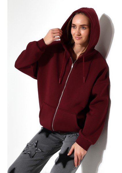 Şardonlu Fermuarlı Kapüşonlu Oversize Sweatshirt 21618 Bordo modelleri