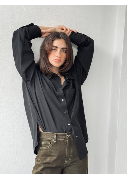 Tasarım Boyfriend Gömlek Kadın Siyah